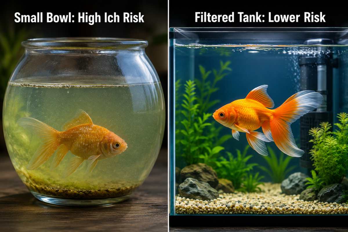 Goldfish in a small bowl compared with a filtered aquarium showing different ich disease risk.