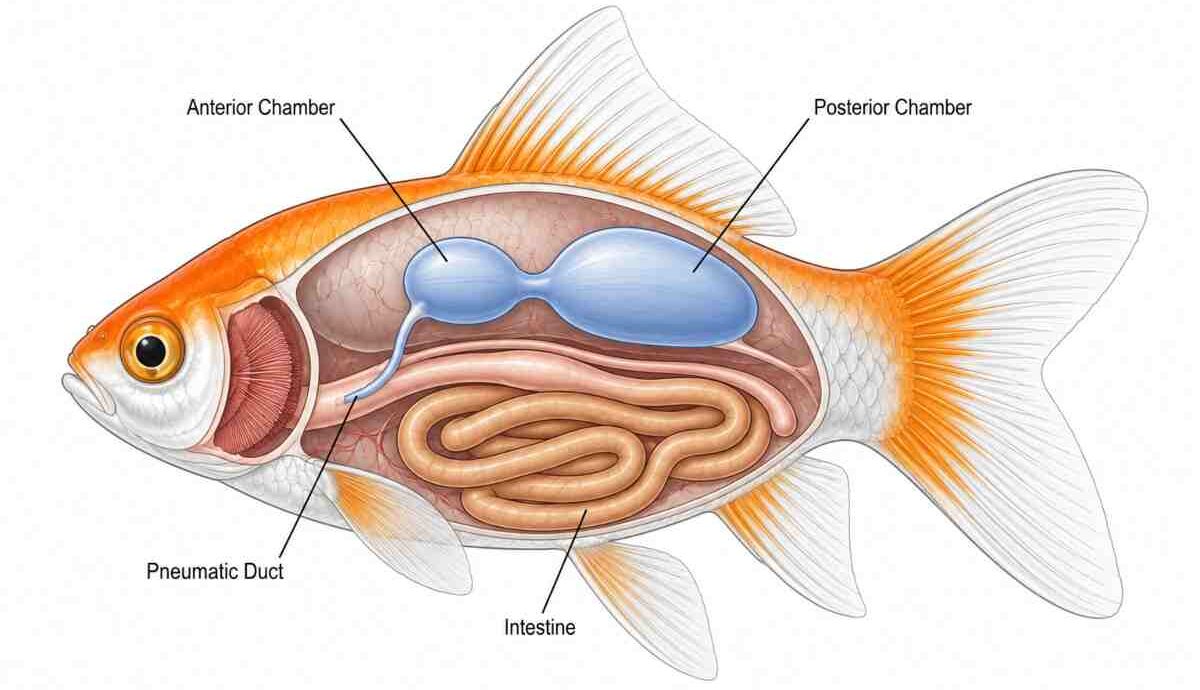 Labeled anatomy diagram of a goldfish showing the anterior and posterior swim bladder chambers, pneumatic duct, and intestine.