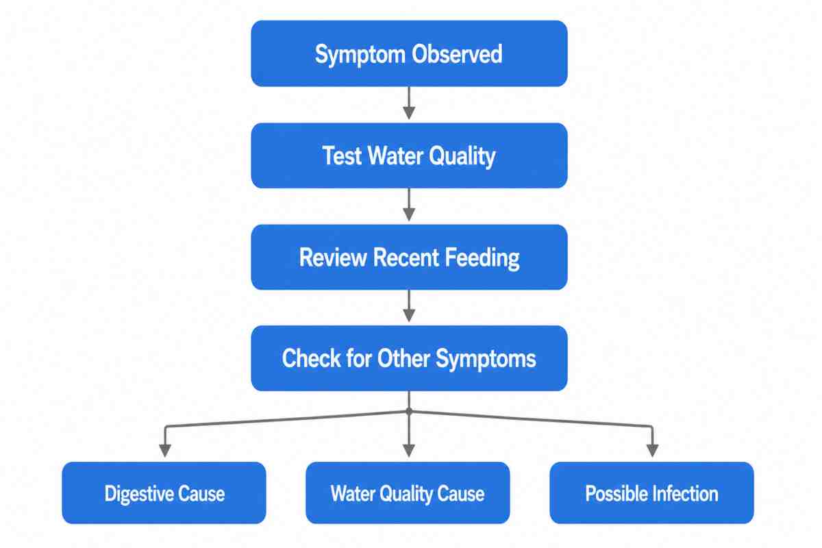 Flowchart for diagnosing goldfish swim bladder disorder, from symptom observation through water and feeding checks to likely cause.