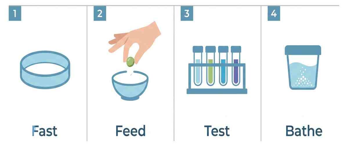 Four-step infographic showing goldfish swim bladder treatment order: fast, feed a pea, test water, and Epsom salt bathe.