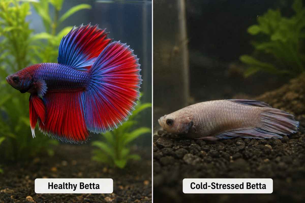 Healthy betta fish with flared fins next to a pale cold-stressed betta resting on substrate
