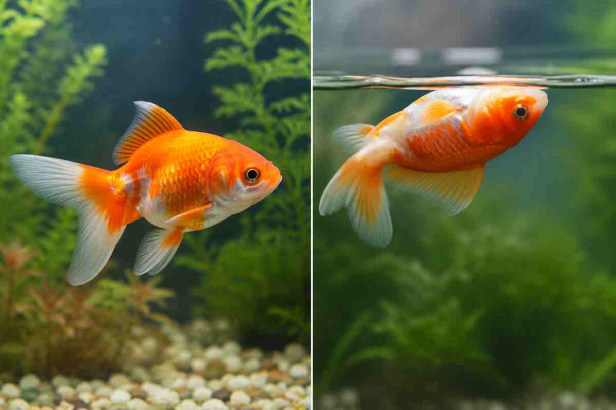 Comparison of a healthy goldfish swimming level versus a goldfish floating sideways at the surface with swim bladder disorder.