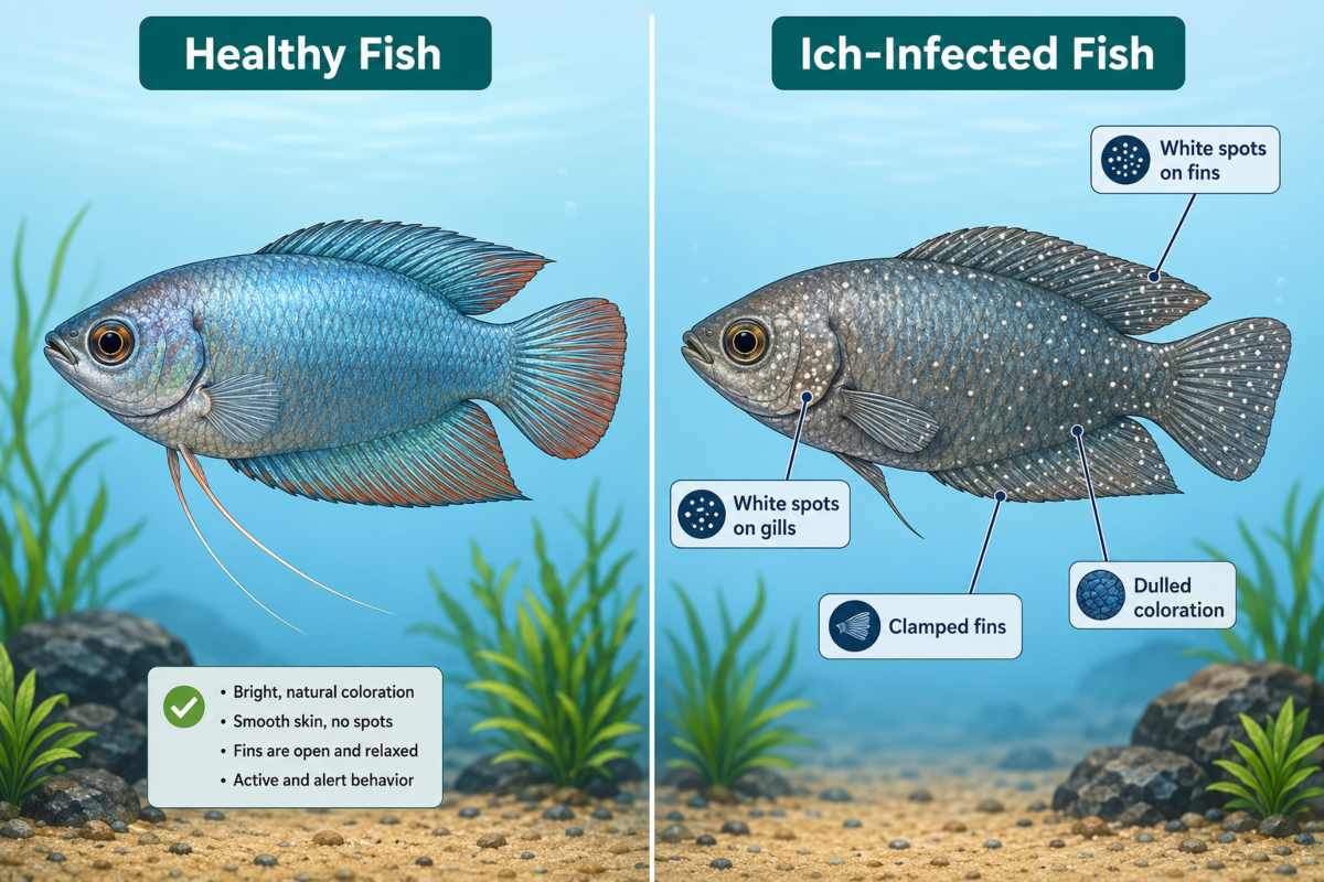 Side-by-side comparison of a healthy freshwater fish and a fish infected with Ich (white spot disease).