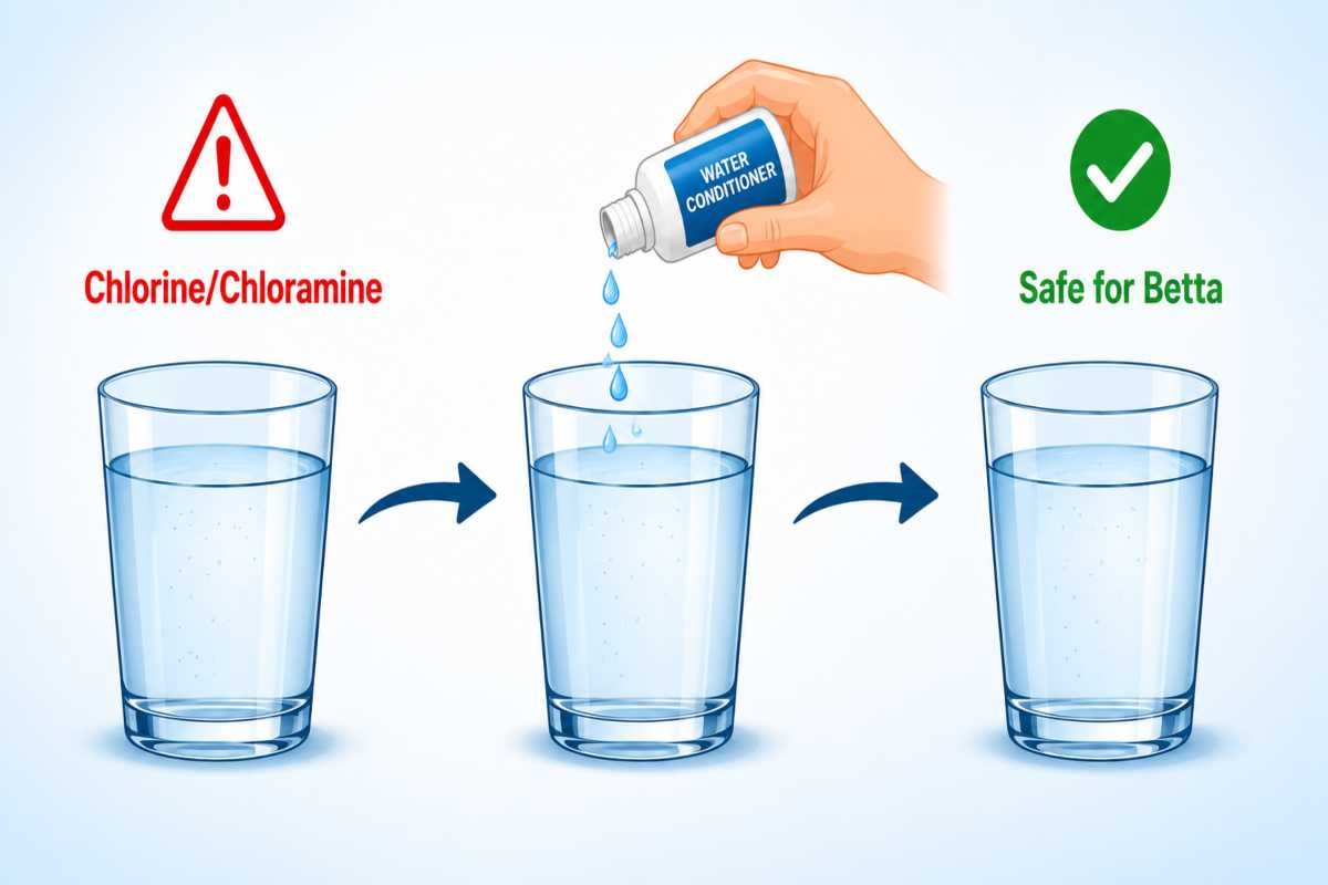 Three-step illustration showing how to treat tap water with conditioner for betta fish