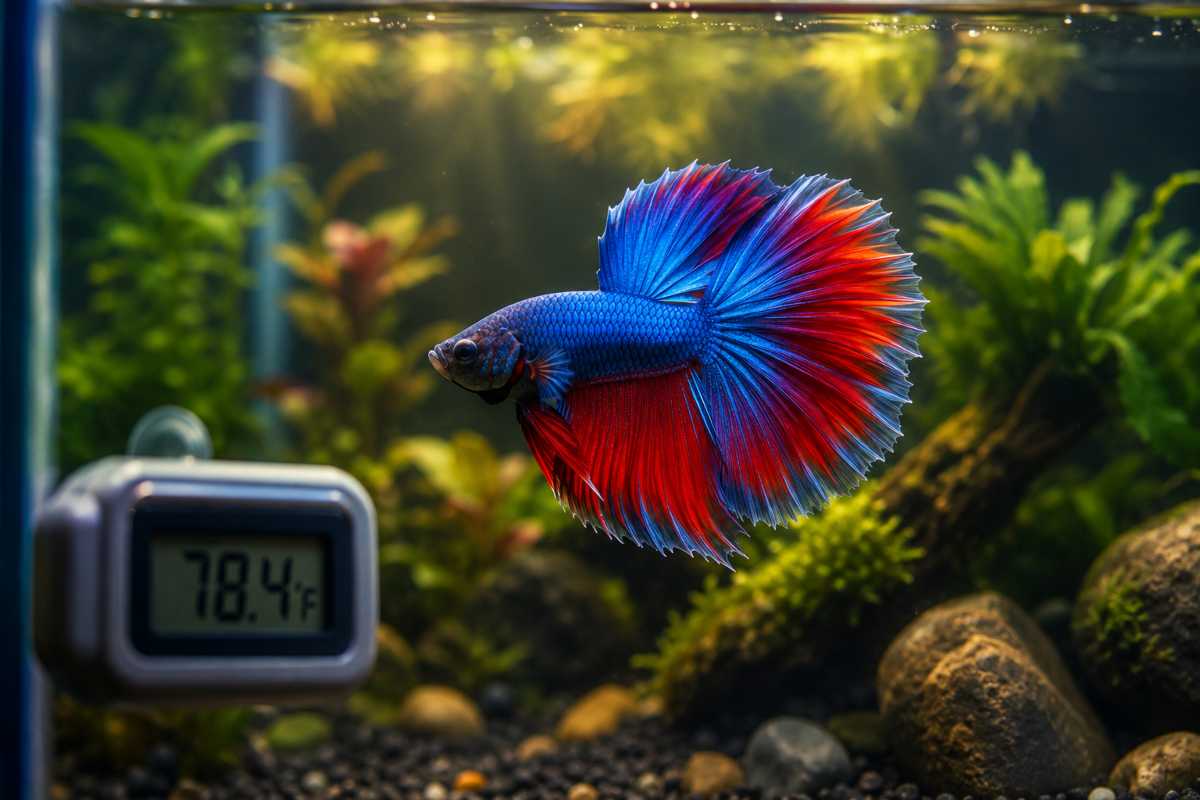 Betta fish swimming in a planted aquarium at ideal water temperature