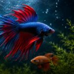 Close-up of a vivid blue and red male betta fish with a smaller orange female visible in the background among aquatic plants.