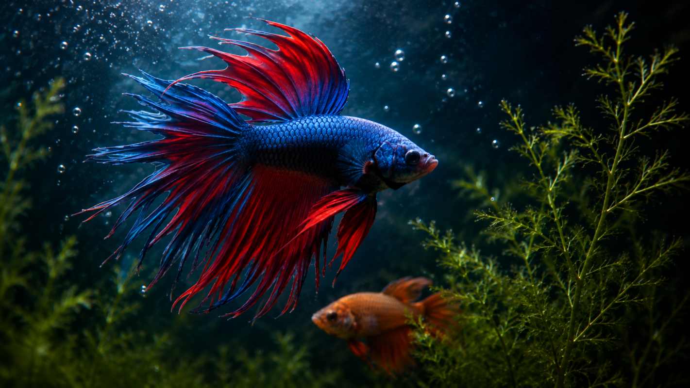 Close-up of a vivid blue and red male betta fish with a smaller orange female visible in the background among aquatic plants.