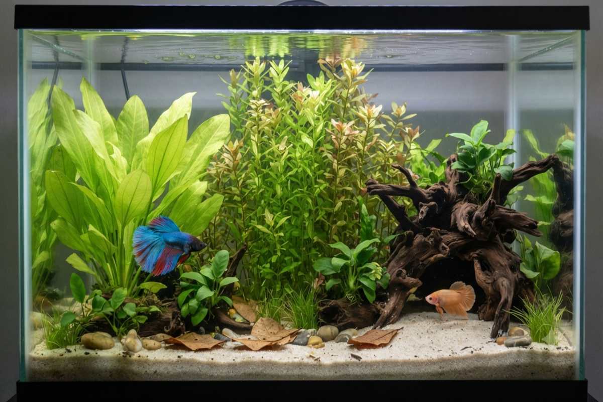 Male and female betta fish sharing a densely planted 30-gallon aquarium with driftwood hiding spots.