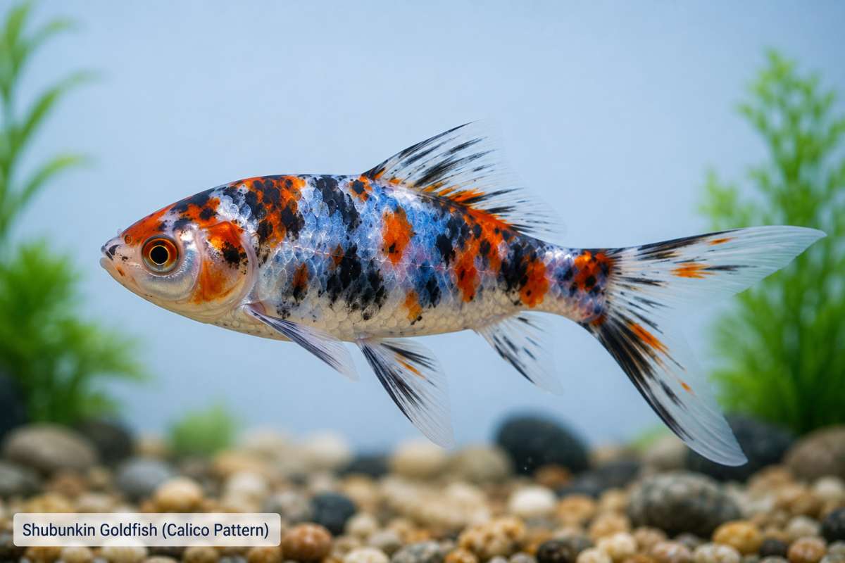 Close-up of a Shubunkin goldfish showing its blue, orange, black, and white calico coloring in a planted aquarium.