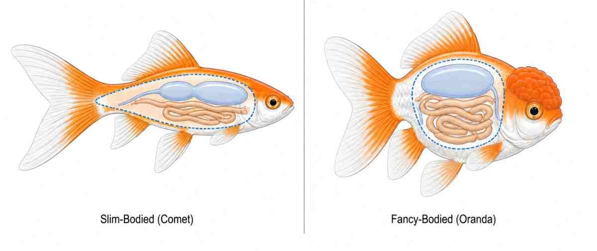 Comparison of slim-bodied Comet and round fancy-bodied Oranda goldfish showing internal body cavity space.