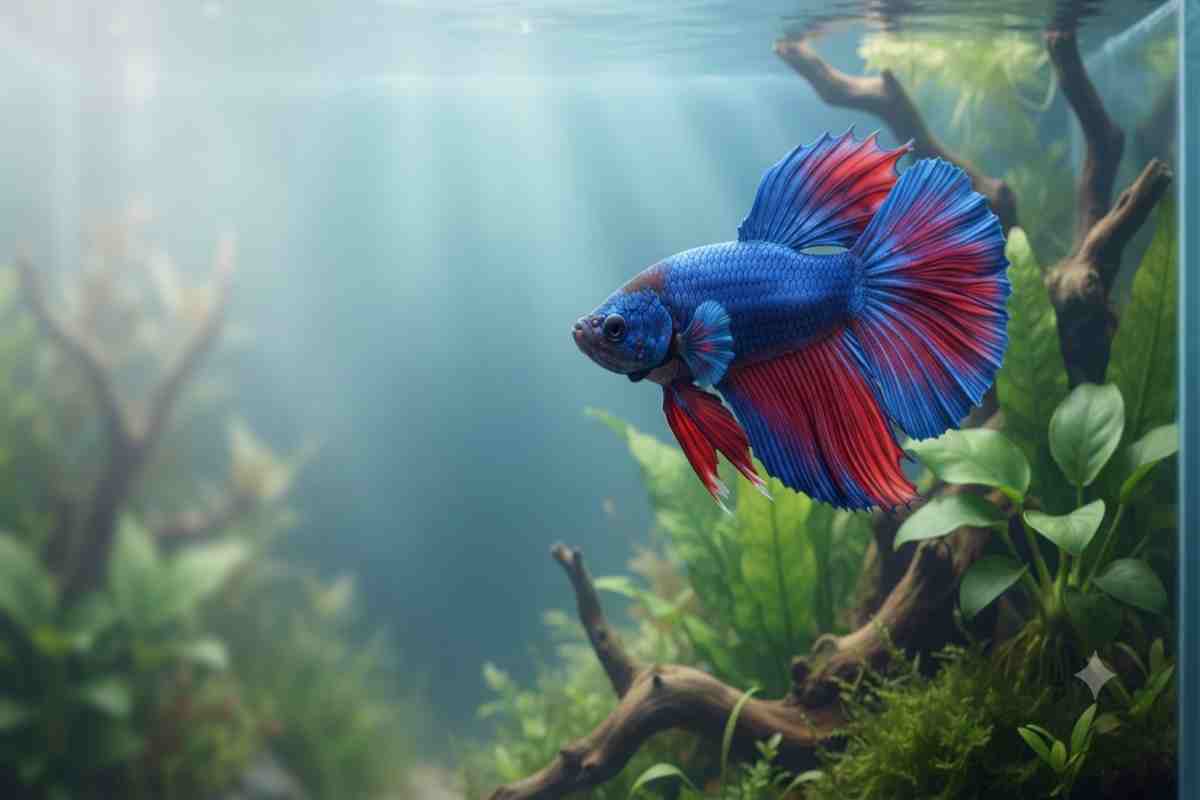 Betta fish swimming at a slight tilt in a planted aquarium, illustrating early signs of swim bladder disease.