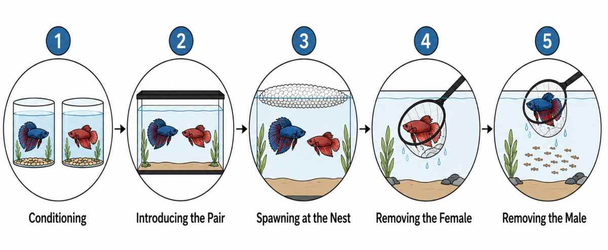 Five-step process flow of veiltail betta breeding from conditioning to fry release.