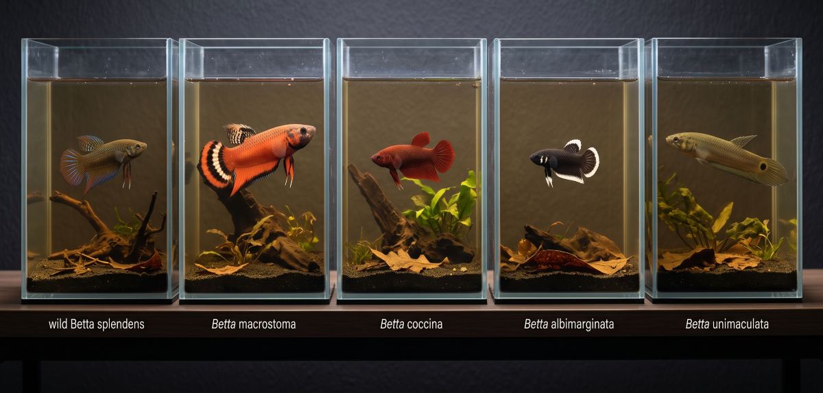 Alt text: Five wild betta species compared: splendens, macrostoma, coccina, albimarginata, unimaculata.
