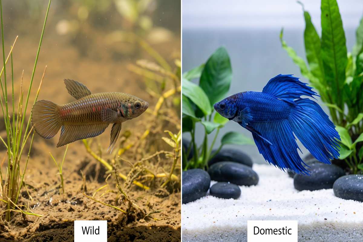 Wild Betta splendens next to a long-finned domestic betta, showing the fin and color difference.