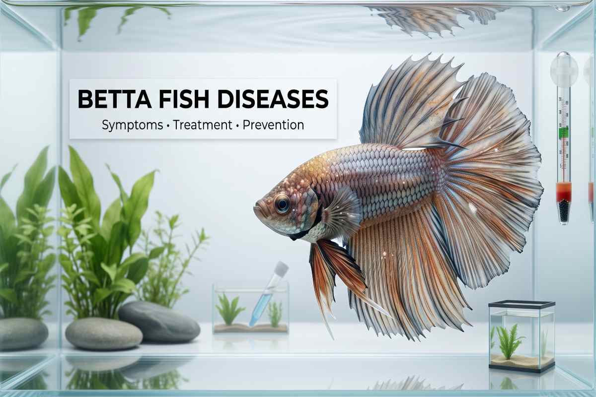 Betta fish showing common disease symptoms in a clean aquarium