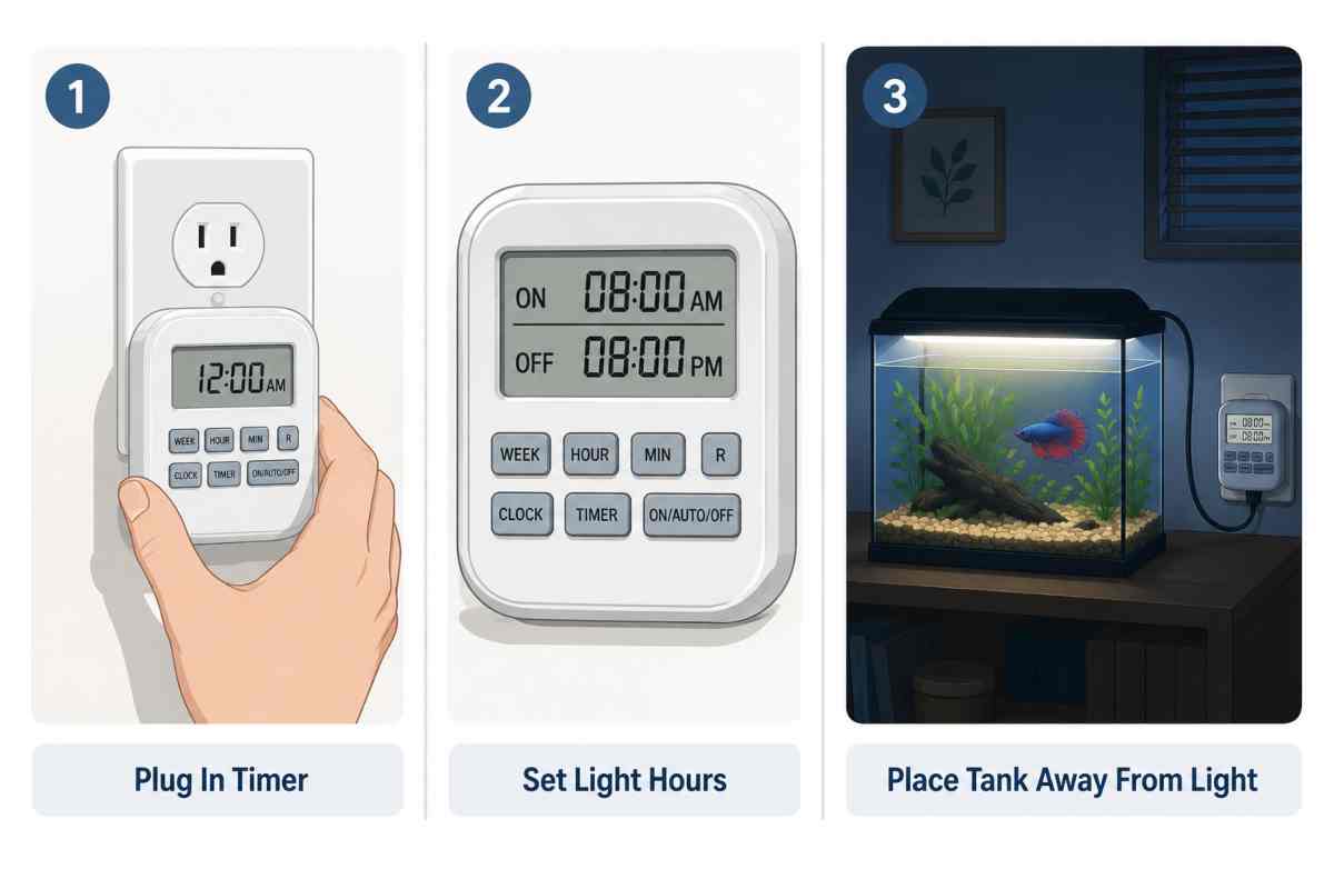 Three-step guide to setting up an aquarium light timer for a betta tank.