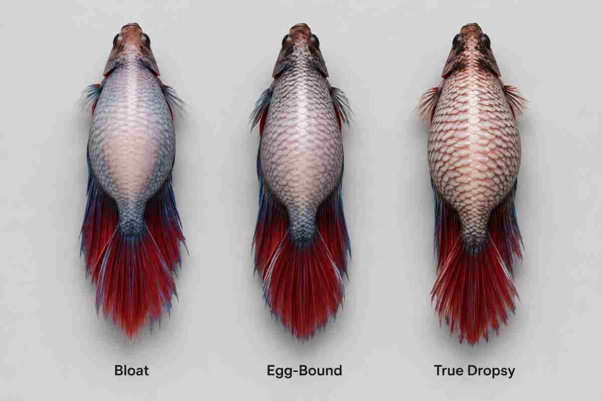 Top-down comparison of betta bloat, egg-bound, and true dropsy.