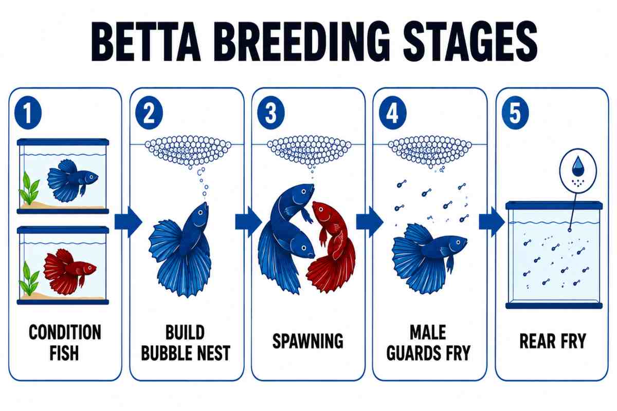 Five-step infographic of betta breeding stages from conditioning to fry rearing.