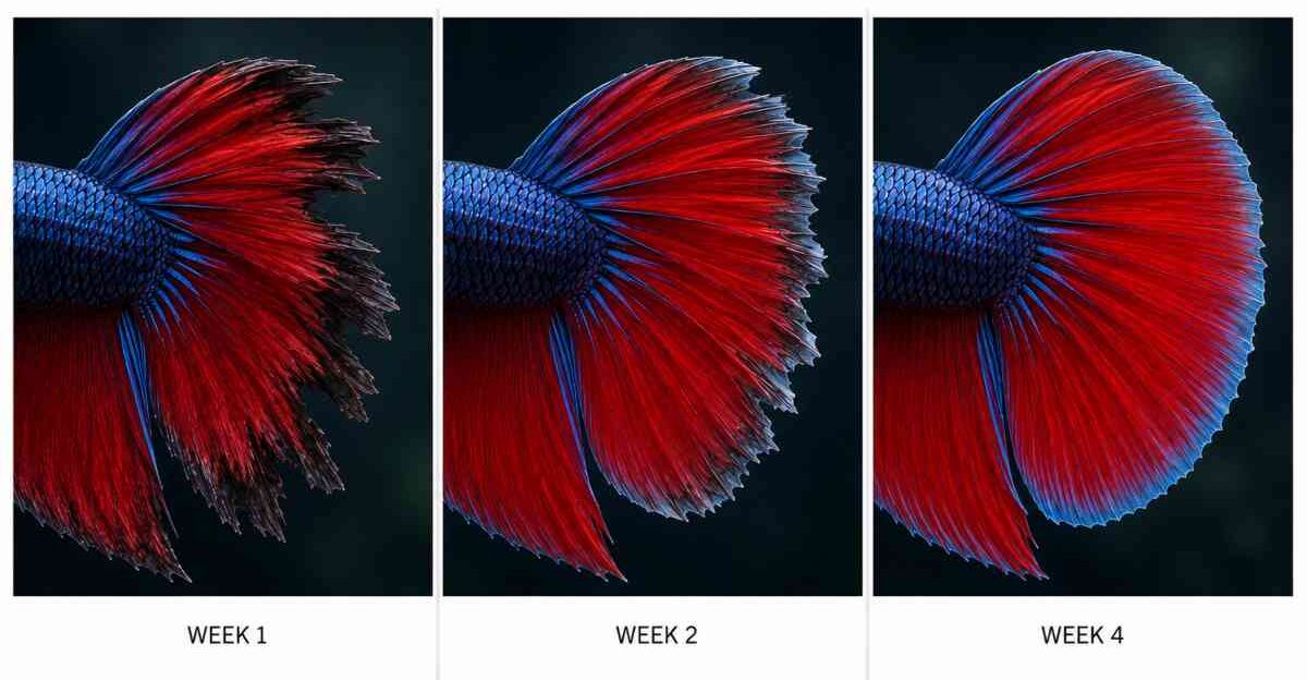 Timeline showing a betta fin healing from fin rot over week 1, week 2, and week 4.