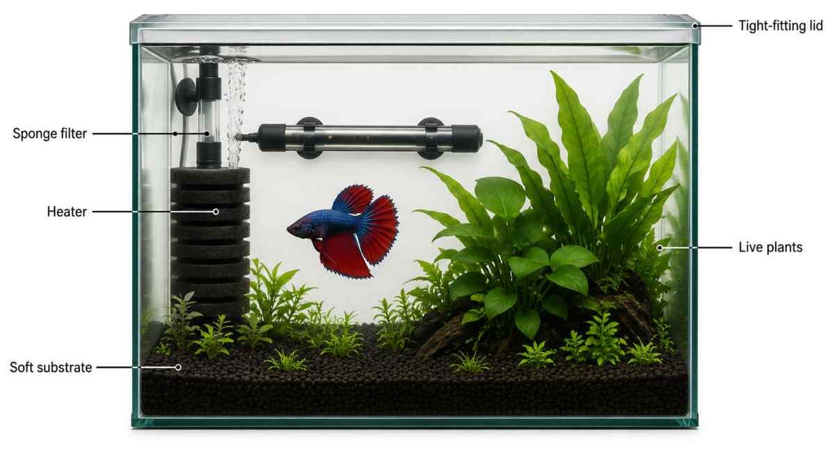 Labeled 10-gallon betta tank setup showing filter, heater, plants, substrate, and lid.