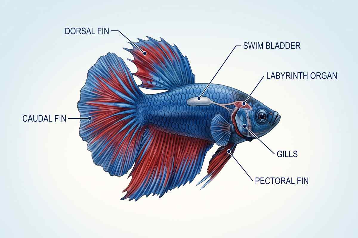 Labeled anatomy diagram of a betta fish showing dorsal fin, caudal fin, pectoral fin, gills, labyrinth organ, and swim bladder.