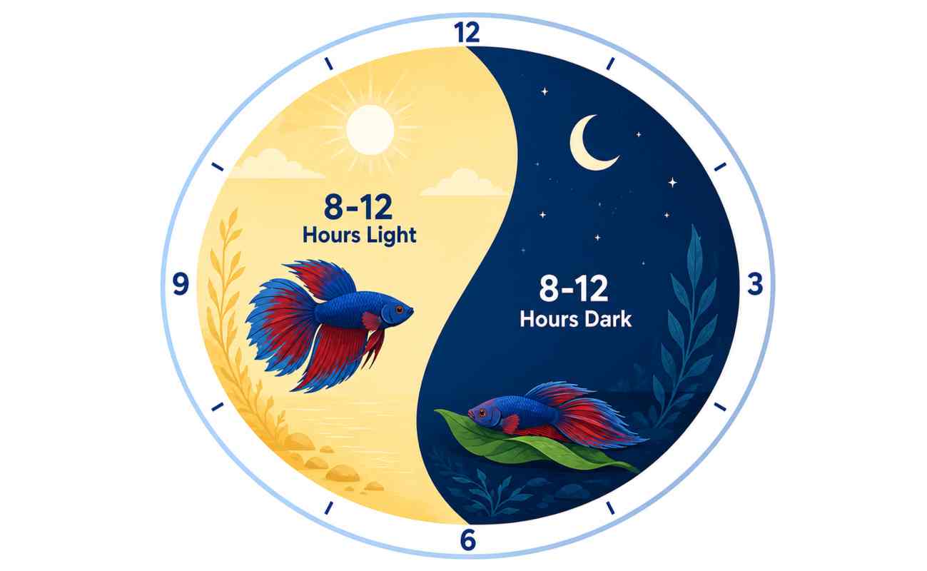 Circadian rhythm clock showing betta fish active in light and resting in dark hours.
