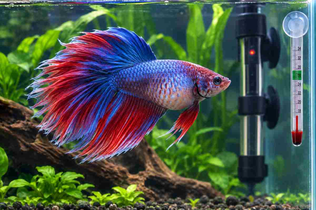 Betta fish with mild dropsy symptoms in a heated planted nano tank.