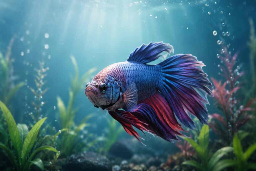 A blue and red betta fish swimming gracefully among aquarium plants with soft light filtering through the water.