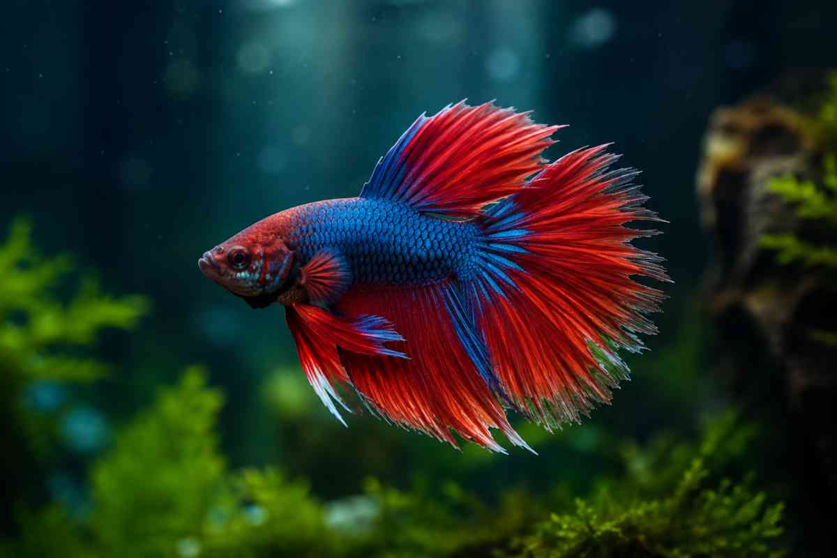 Close-up of a red and blue betta fish with early signs of fin rot on its tail.
