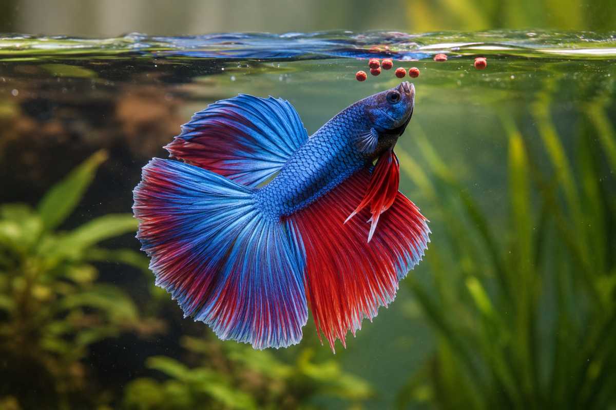 Blue and red betta fish swimming up to eat floating pellets in a planted aquarium.