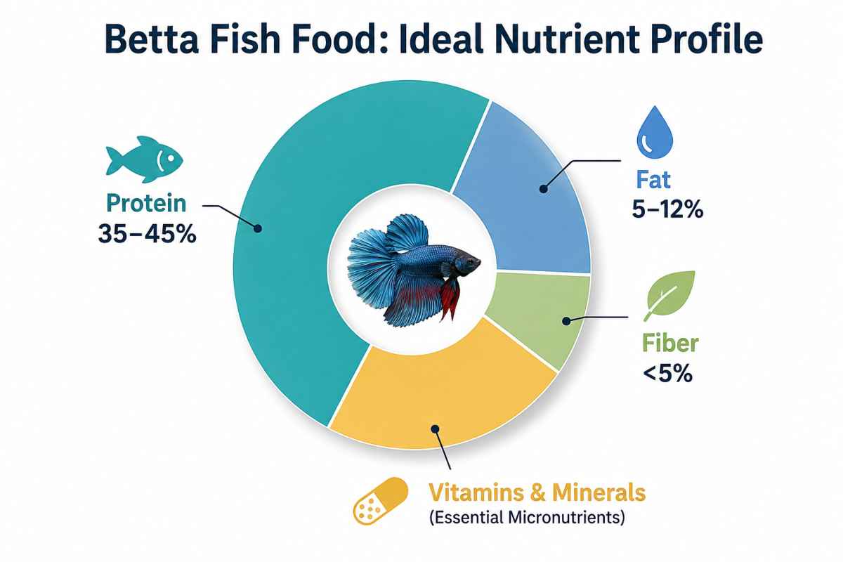 Infographic showing ideal betta fish food nutrient breakdown: protein, fat, fiber, and vitamins.