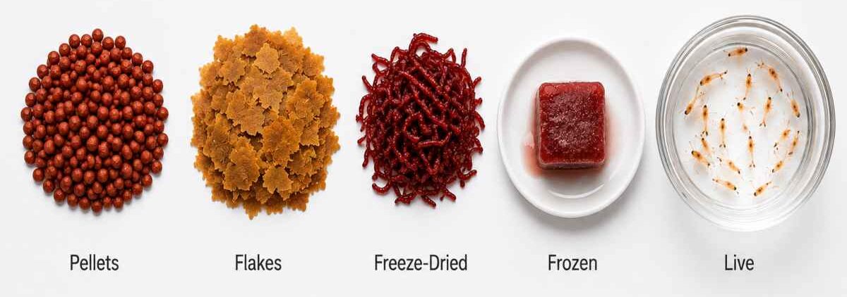 Five types of betta fish food compared: pellets, flakes, freeze-dried, frozen, and live.