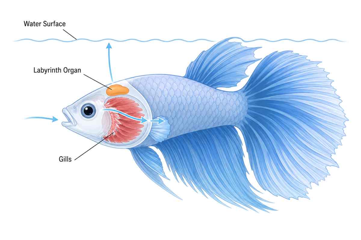 Diagram of a betta fish showing the gills and labyrinth organ, with arrows indicating water and air flow.