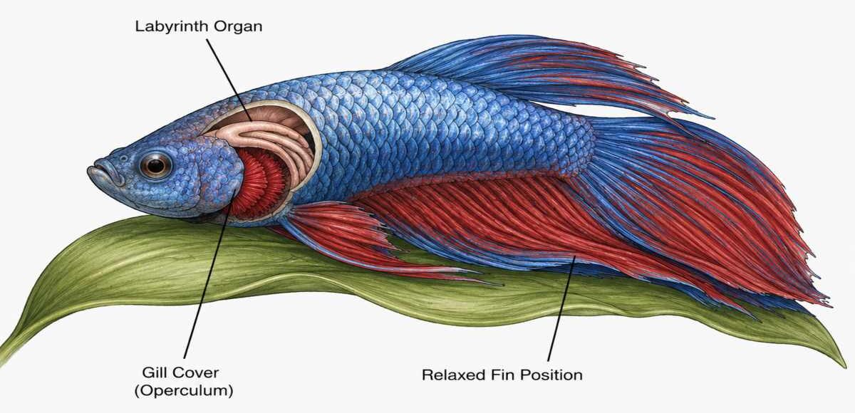 Labeled illustration of a betta fish resting on a leaf showing labyrinth organ and gill anatomy.