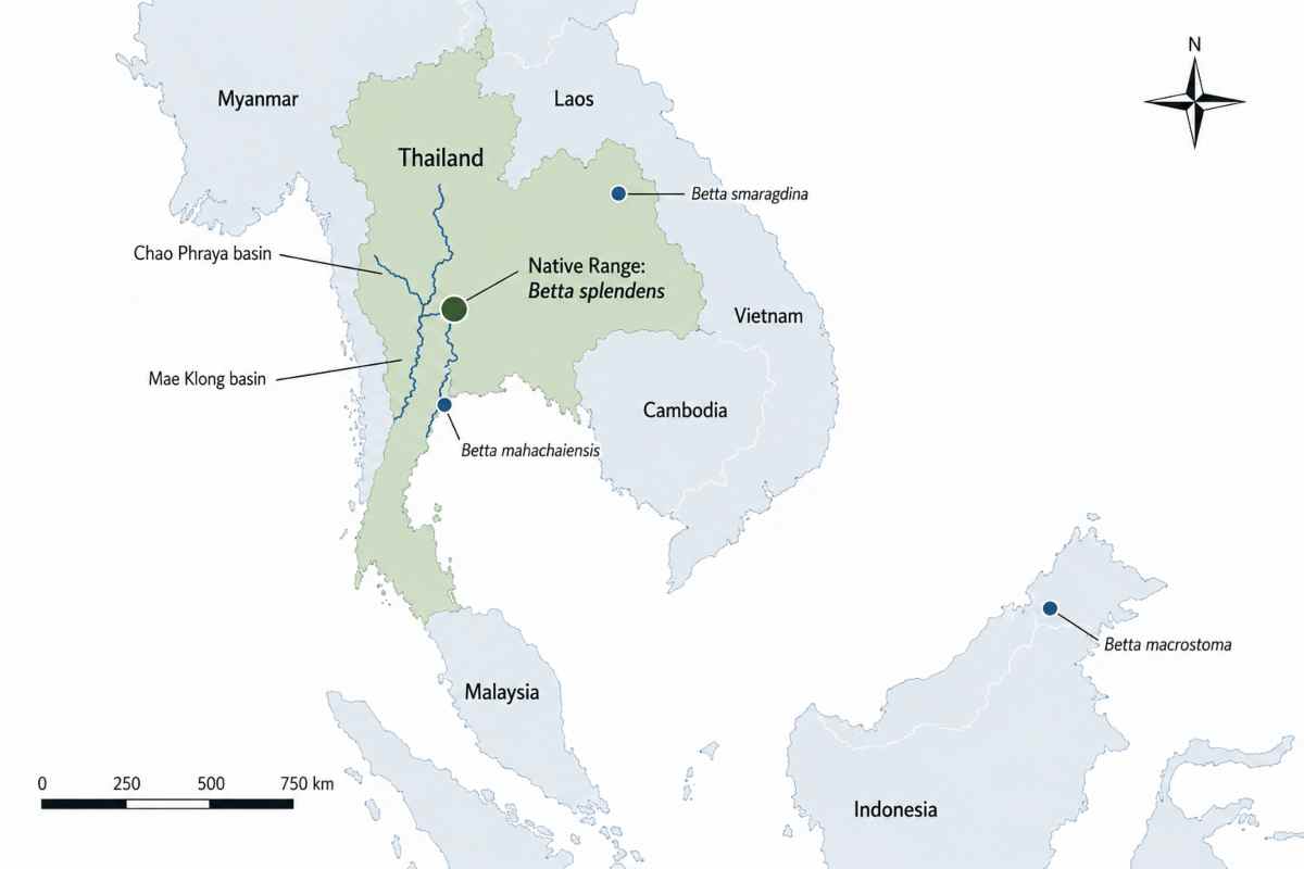 Map of Southeast Asia showing Betta splendens native range in Thailand's Chao Phraya and Mae Klong basins, with other wild Betta species marked in Isan Thailand, coastal Thailand, and Borneo.