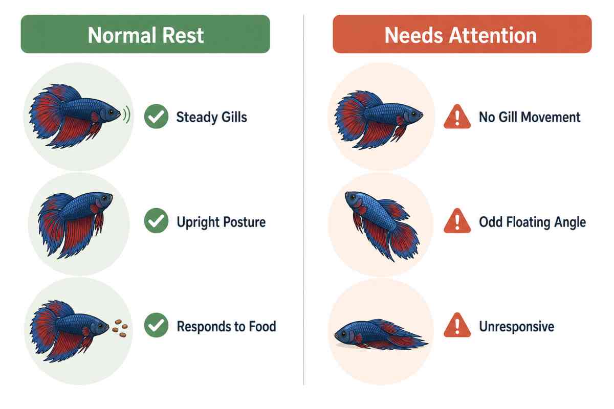 Checklist comparing normal betta rest signs to warning signs needing attention.