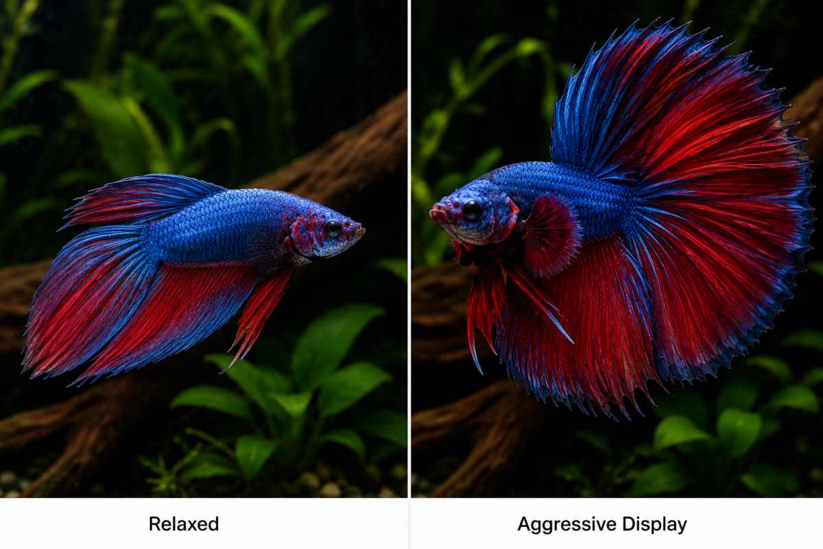Split-screen comparison of a betta fish relaxed versus flaring in aggressive display.