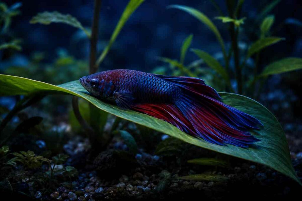 Betta fish resting on a broad aquarium leaf with eyes open in dim lighting.