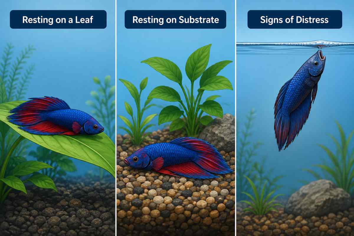 Three-panel comparison of a betta fish resting on a leaf, resting on substrate, and showing distress.
