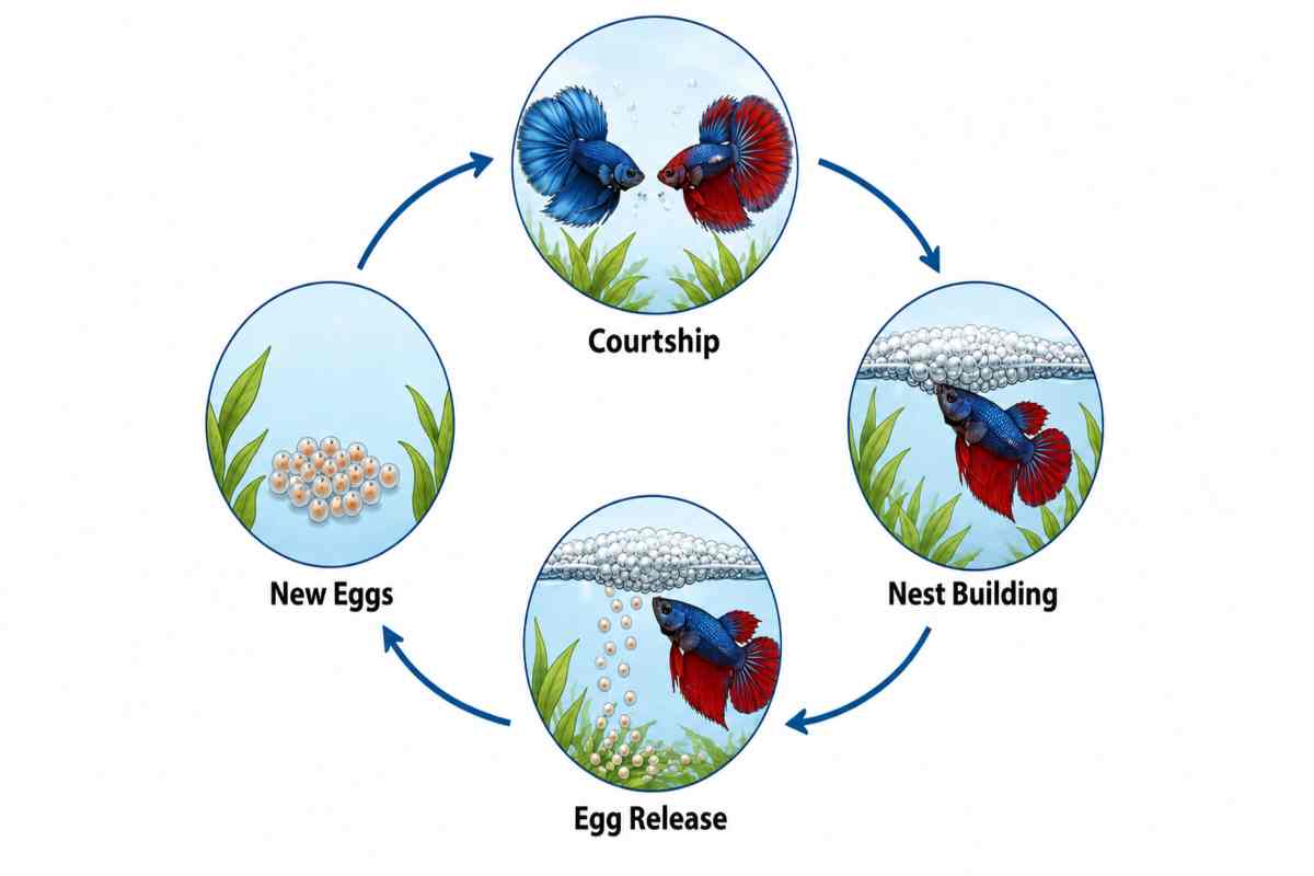 Circular diagram showing the betta fish spawning cycle: courtship, nest building, egg release, and new eggs.