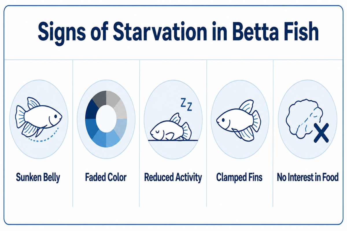Infographic checklist of five starvation warning signs in betta fish.