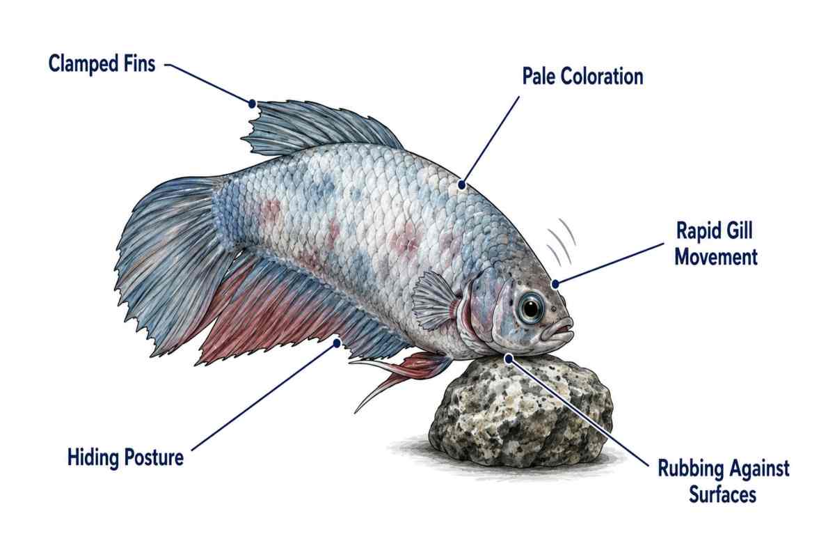 Labeled illustration of a betta fish showing signs of stress including clamped fins, pale coloration, rapid gill movement, and rubbing against surfaces.