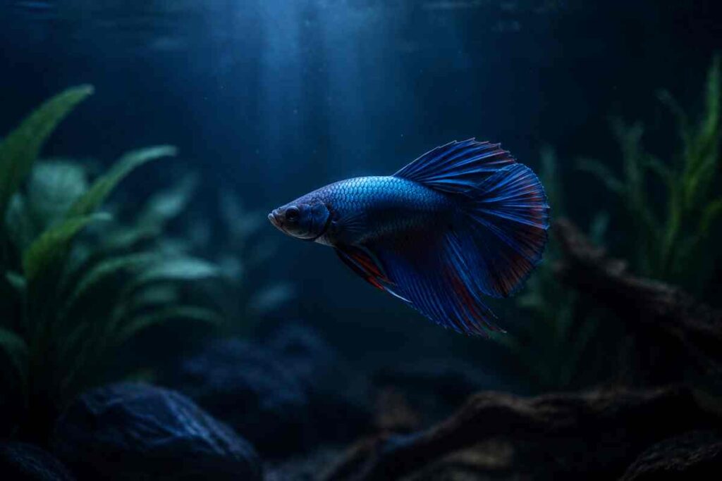 A blue betta fish swimming in a dimly lit aquarium with soft light filtering down from above.