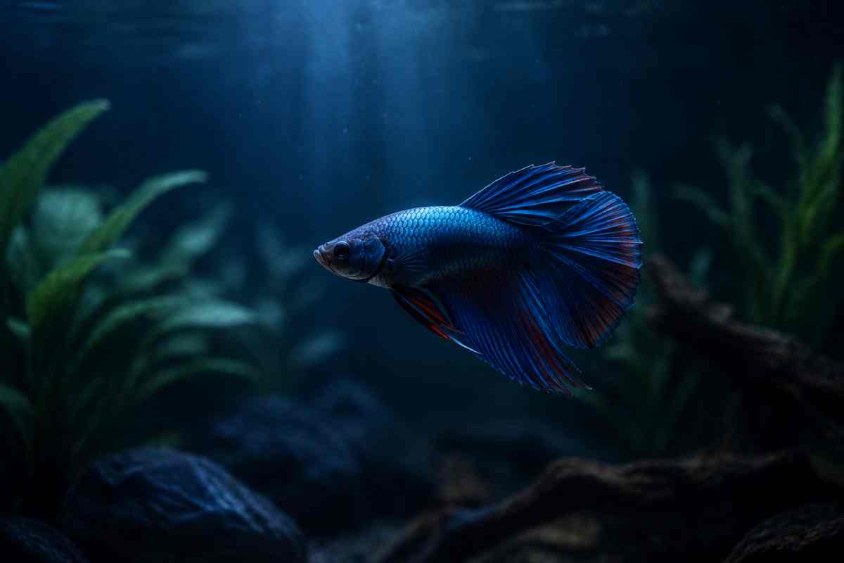 A blue betta fish swimming in a dimly lit aquarium with soft light filtering down from above.