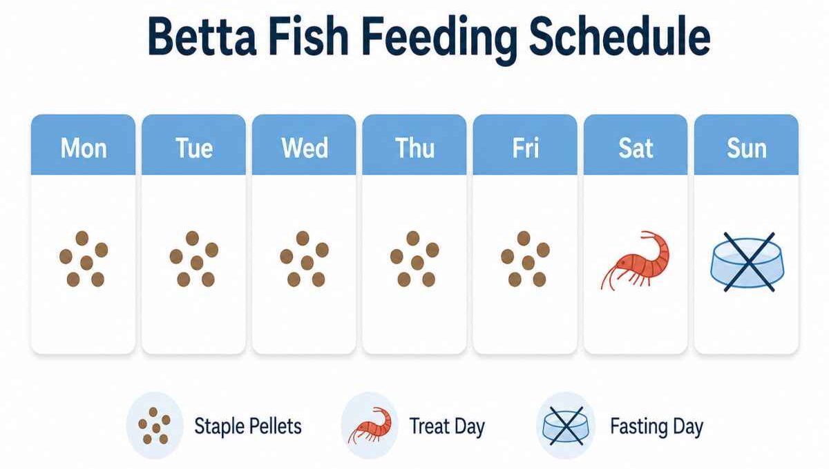 Weekly betta fish feeding schedule with pellet, treat, and fasting day icons.