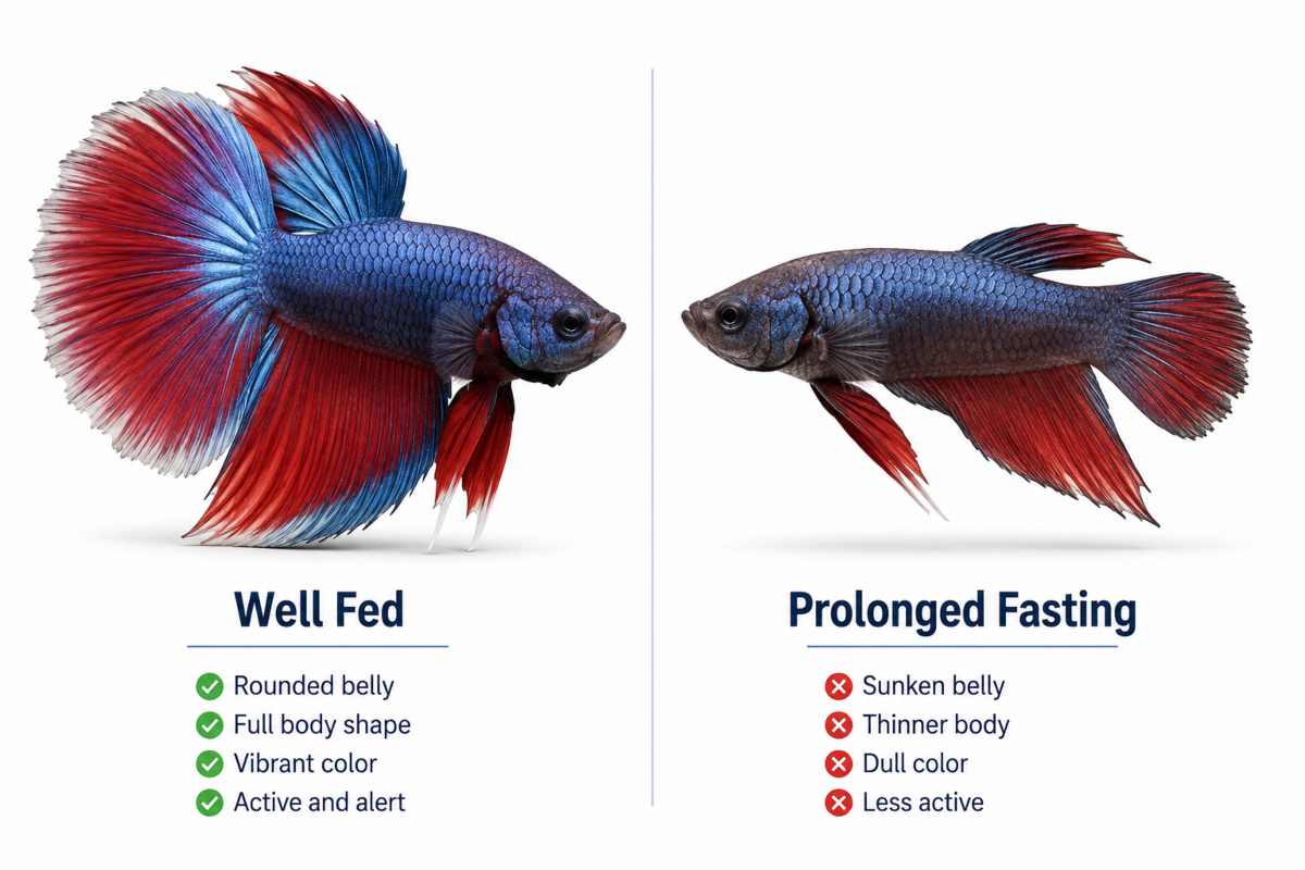 Comparison of a well-fed betta fish versus one showing signs of prolonged fasting.