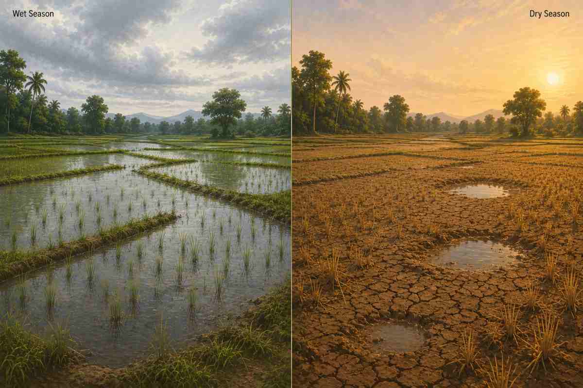 Split illustration comparing a Thai rice paddy in flooded wet season versus cracked, isolated puddles in dry season.