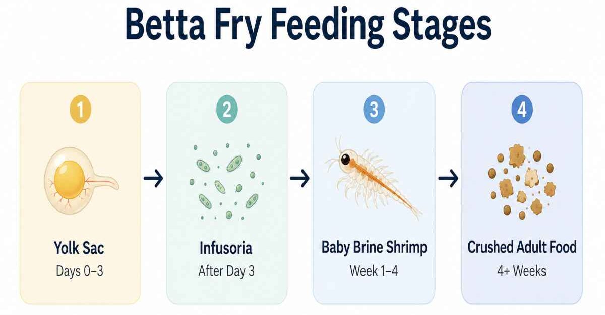 Four-stage betta fry feeding process from yolk sac to crushed adult food.
