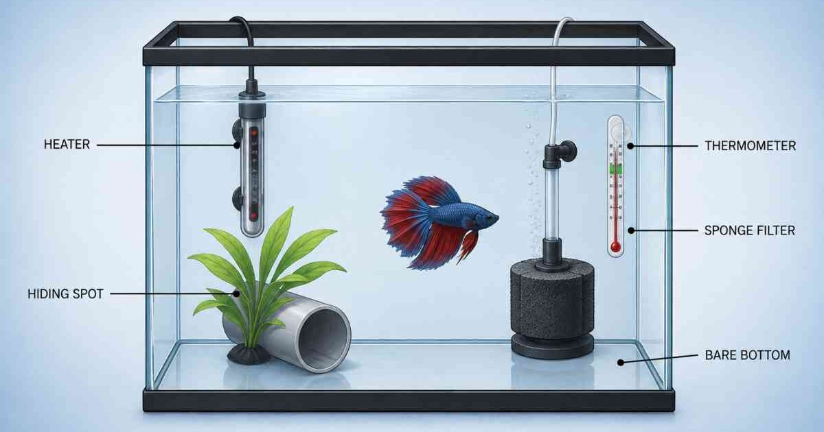 Labeled diagram of a bare-bottom betta quarantine tank setup for treating fin rot.