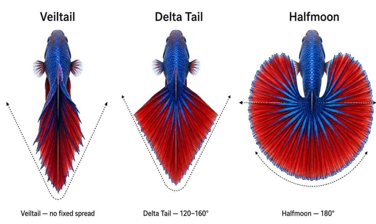 Comparison of Veiltail, Delta Tail, and Halfmoon betta tail shapes with spread angles labeled.